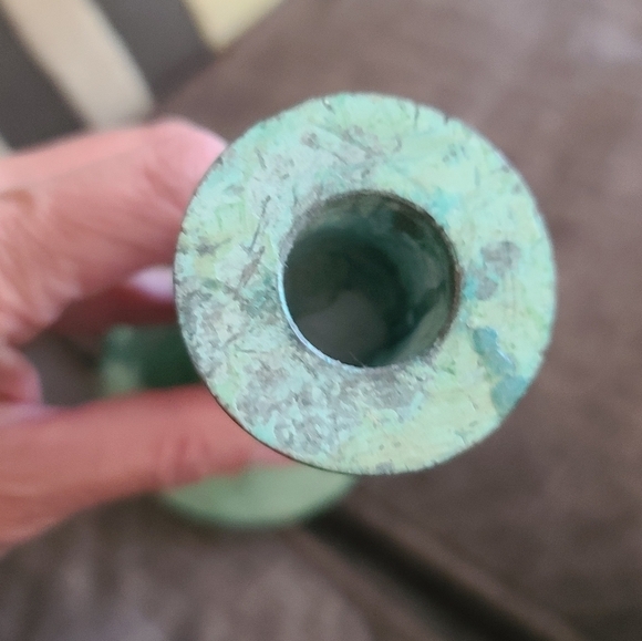 Pair of green metal and painted porcelain - Picture 6 of 10